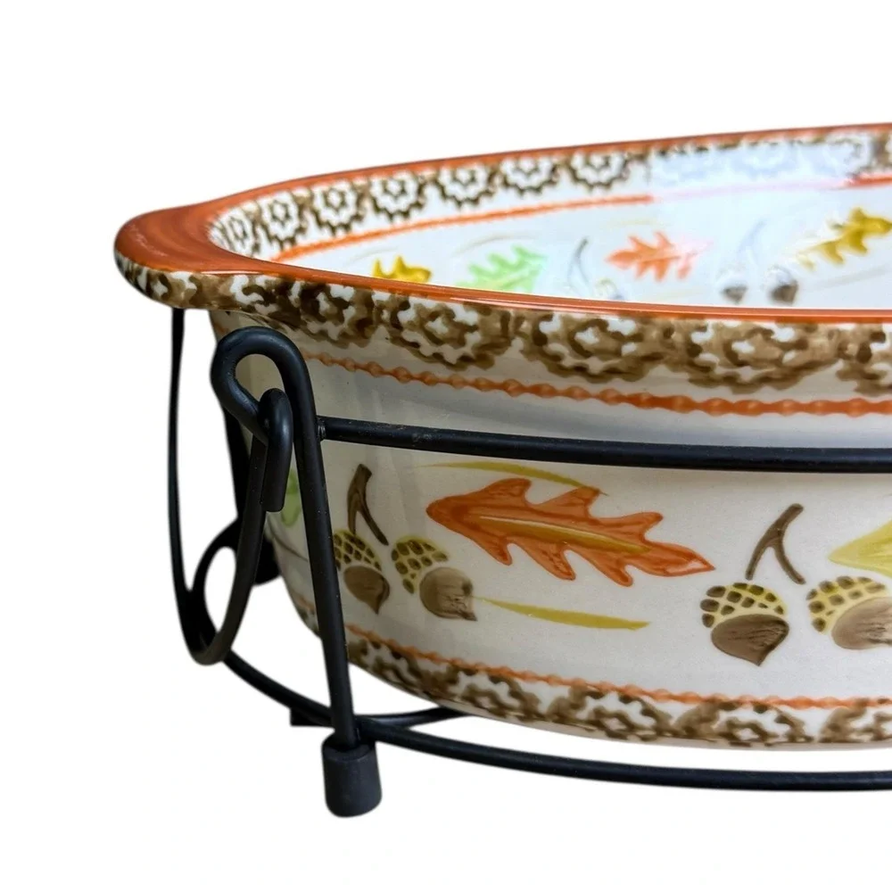 Temptations Old World Orange Acorn & Leaves 2.5qt W/ Handled Metal Carrying Rack